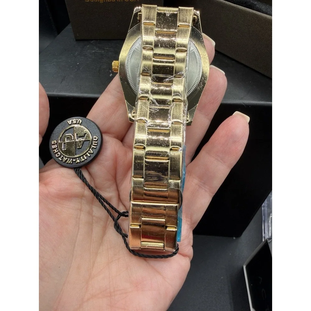 AJ USA Men's Gold‑Tone Metal Link Watch w/ Black Dial & Crystal Hour Markers ⌚✨